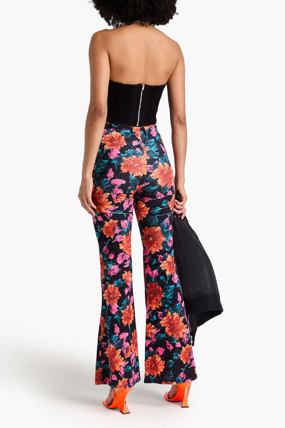 Shop Rotate Birger Christensen Floral-print Velvet Flared Pants In Orange