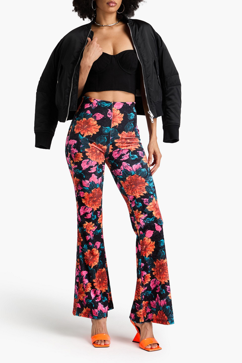Shop Rotate Birger Christensen Floral-print Velvet Flared Pants In Orange