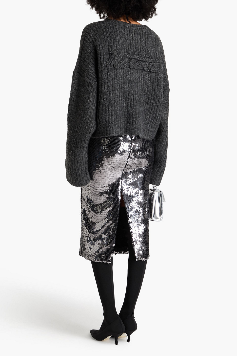 Rotate Birger Christensen Appliquéd Ribbed-knit Sweater In Dark Gray