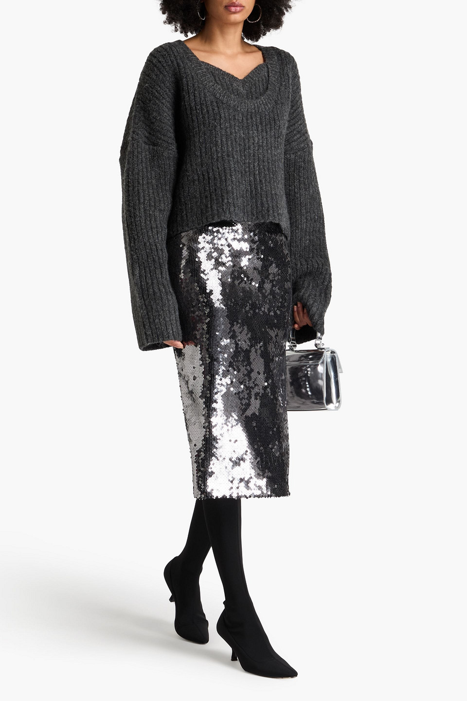 Rotate Birger Christensen Appliquéd Ribbed-knit Sweater In Dark Gray