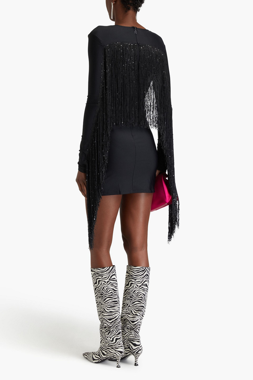 Rotate Birger Christensen Fringed Sequin-embellished Jersey Mini Dress In Black