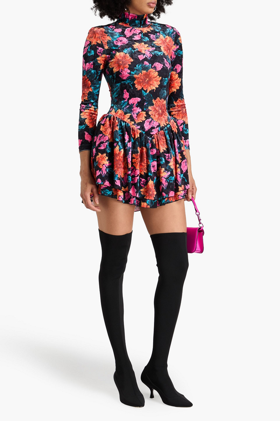 Rotate Birger Christensen Multicolor Mini Dress Velour Floral In Orange
