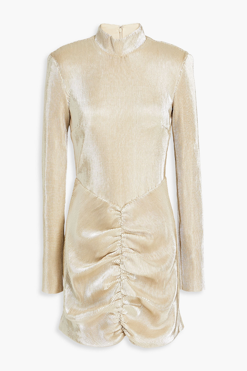 Rotate Birger Christensen Ruched Plissé-lamé Mini Dress In Platinum