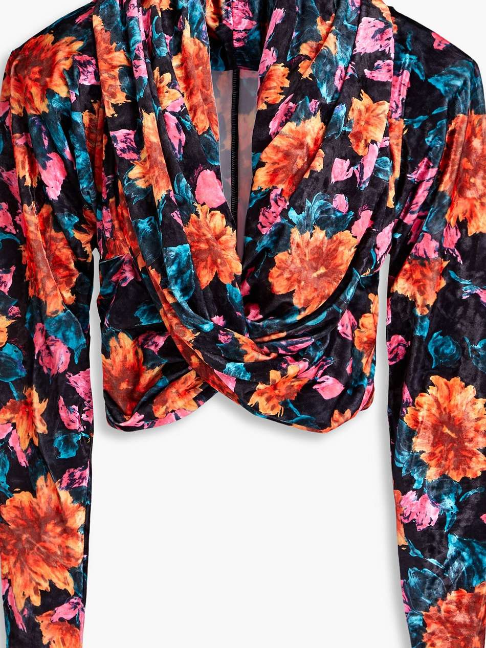 cropped floral-print velvet hooded top