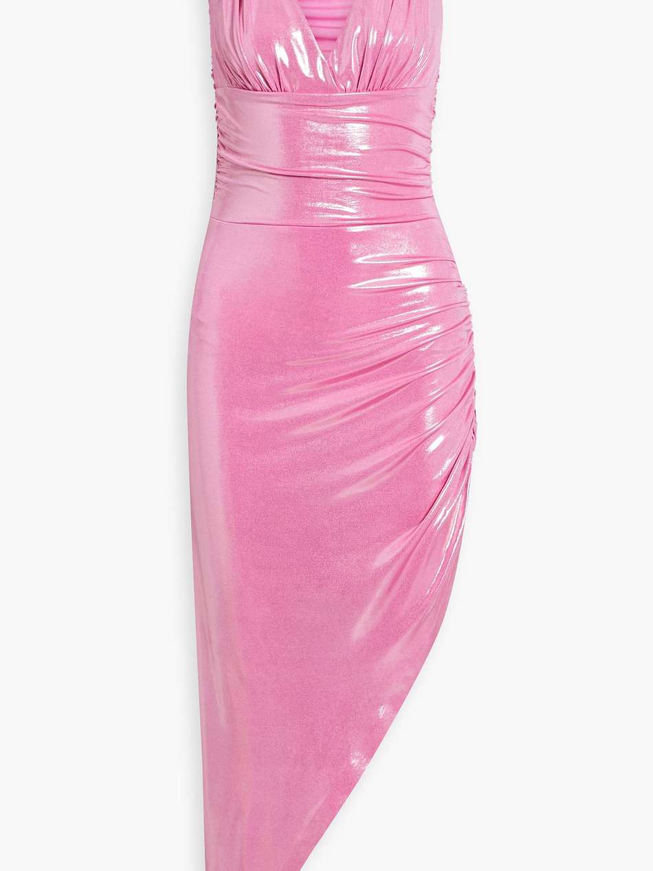 tara asymmetric ruched lamé maxi dress