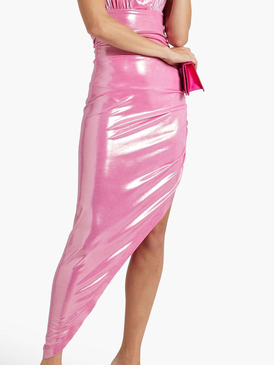 tara asymmetric ruched lamé maxi dress