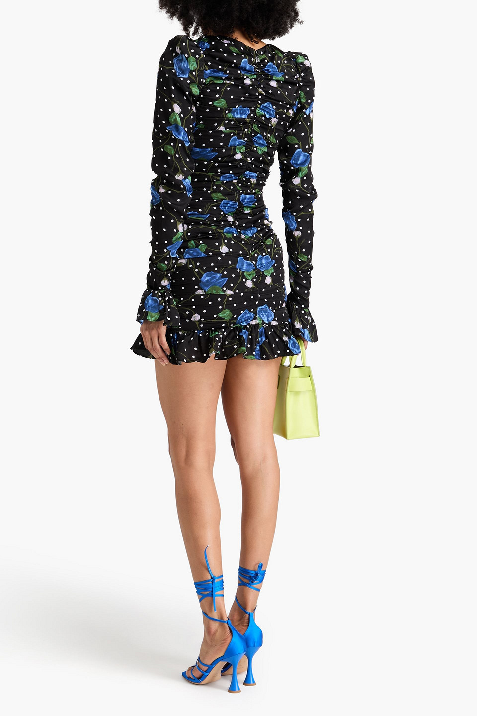 Rotate Birger Christensen Bow-detailed Ruffle-trimmed Printed Satin Mini Dress In Schwarz