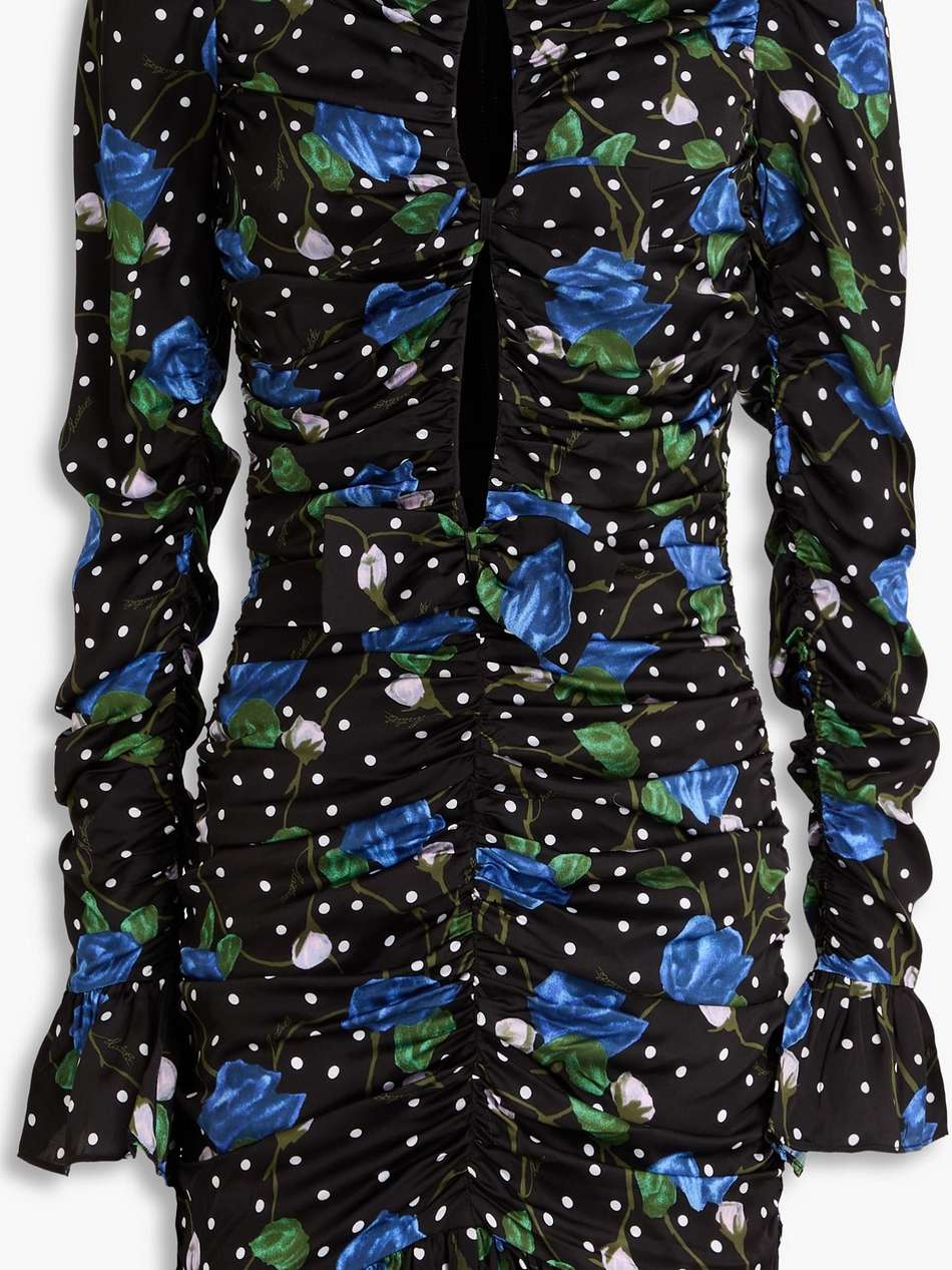 bow-detailed ruffled printed satin mini dress