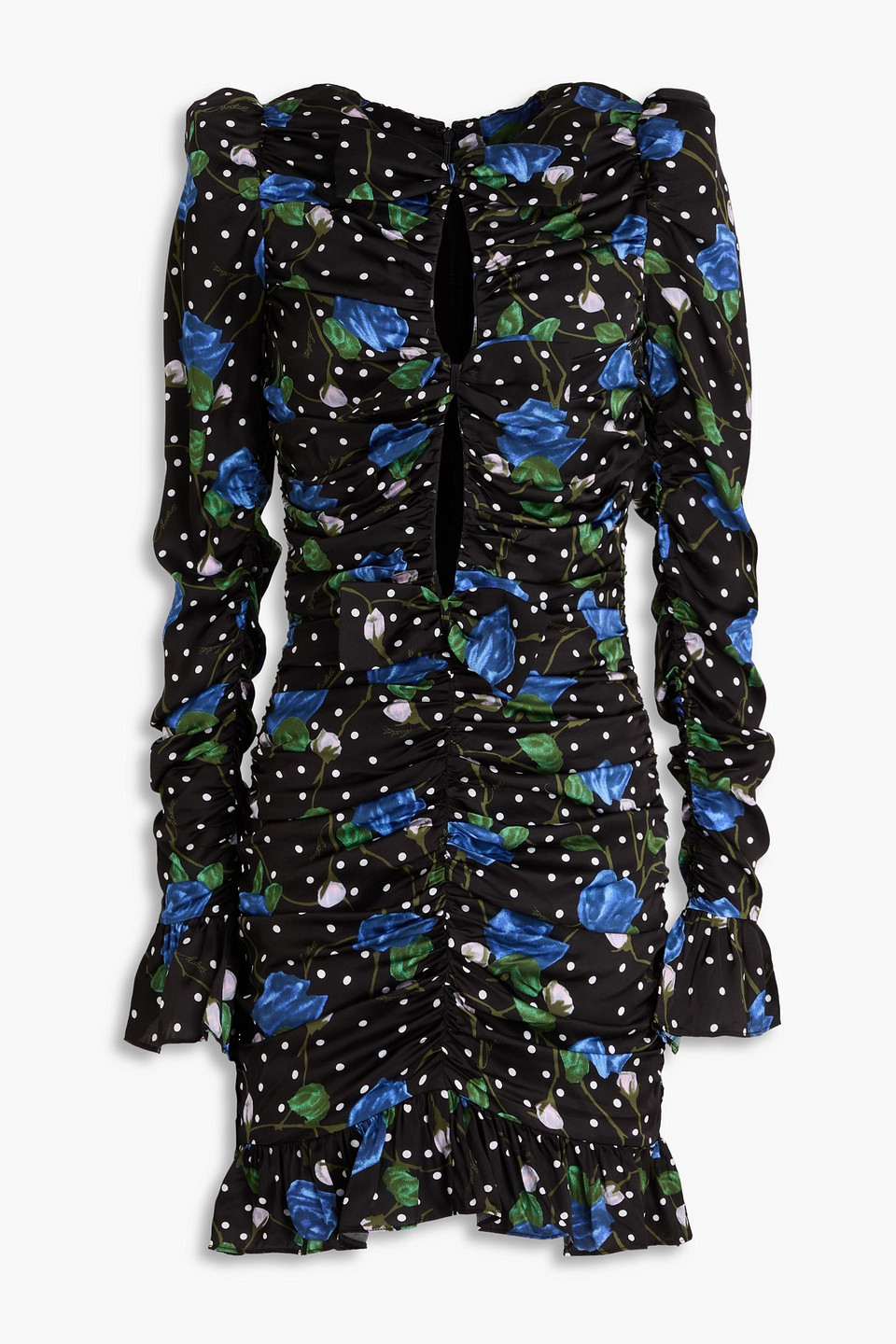 Rotate Birger Christensen Bow-detailed Ruffle-trimmed Printed Satin Mini Dress In Schwarz