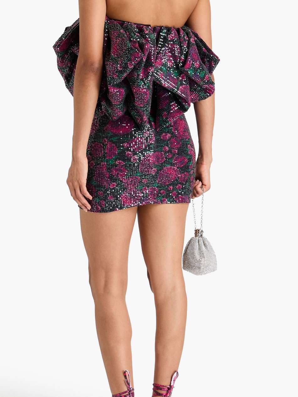 floral-print sequined tulle strapless mini dress