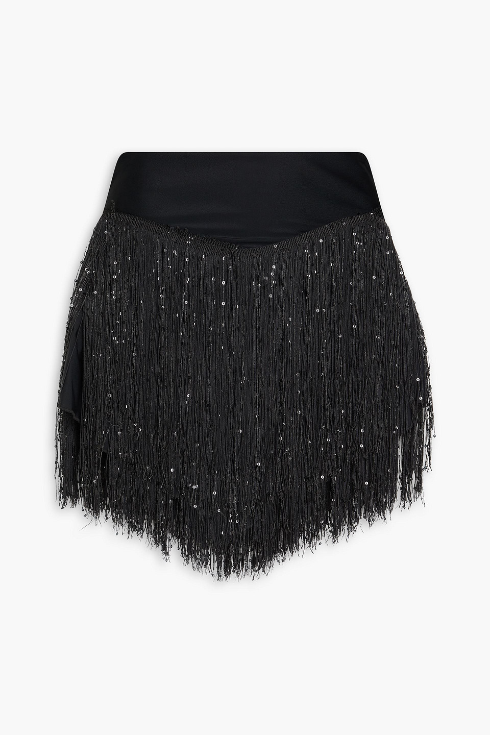 Rotate Birger Christensen Fringed Embellished Jersey Mini Skirt In Black