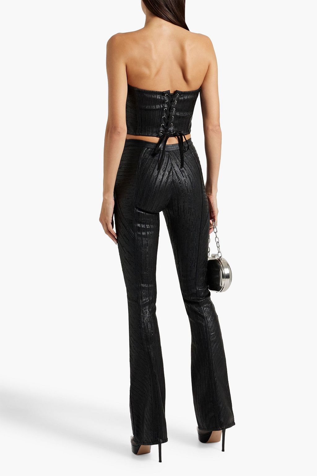 RETROFÊTE Evey strapless cropped metallic ribbed-knit top