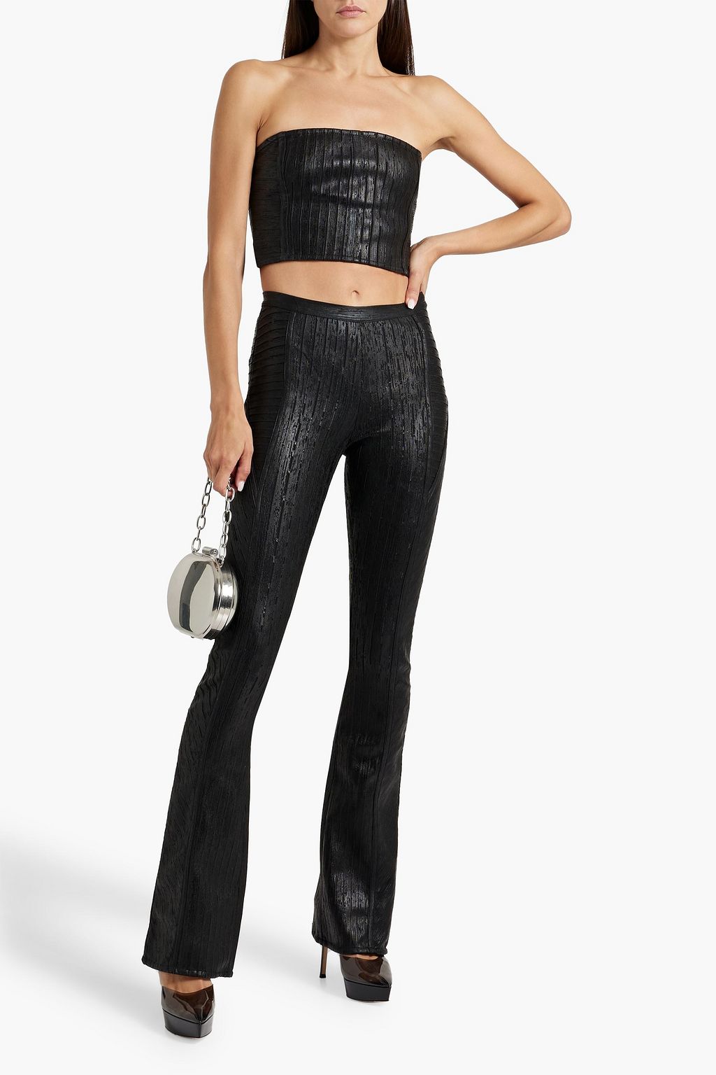 RETROFÊTE Evey strapless cropped metallic ribbed-knit top
