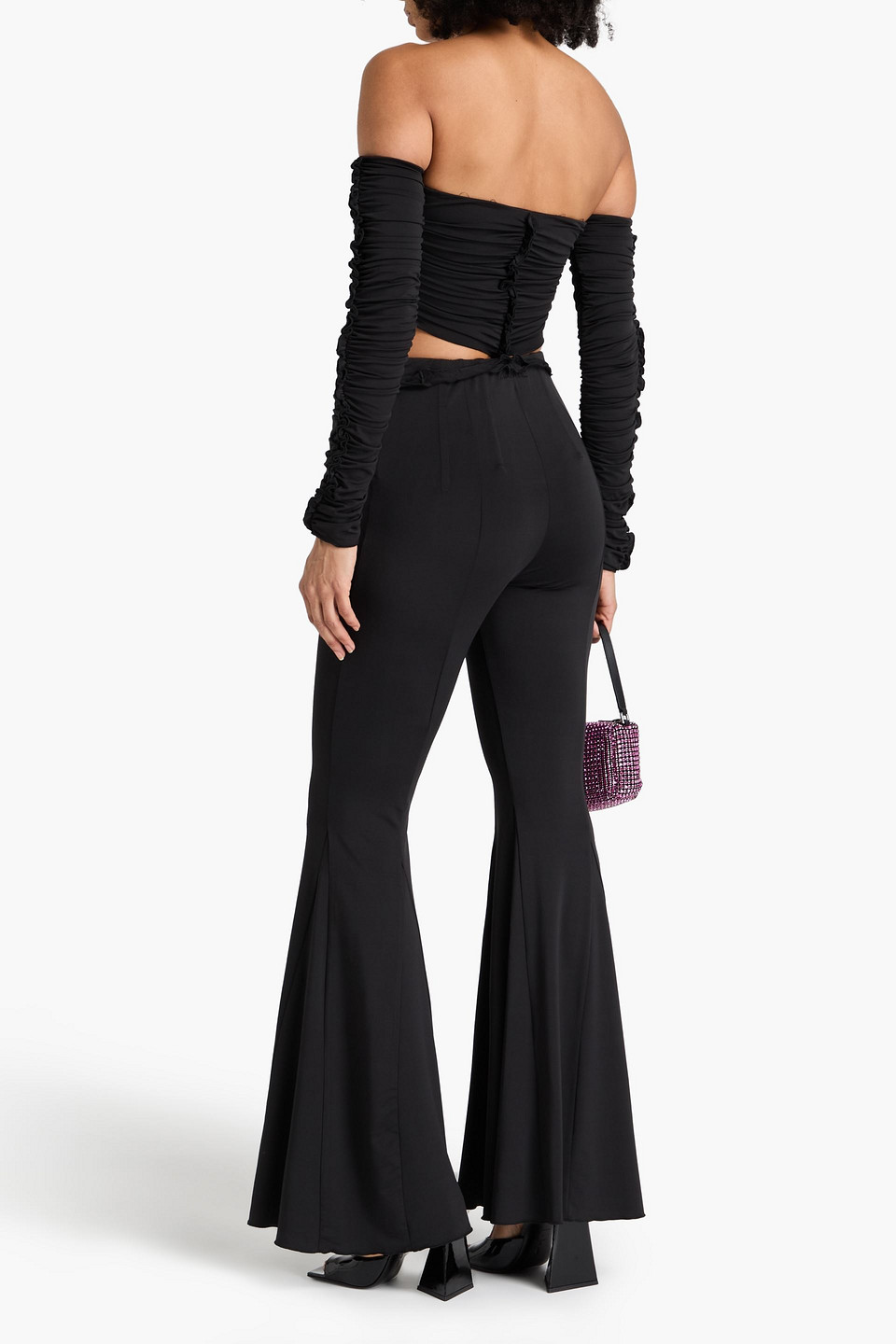 Rotate Birger Christensen Rotate Ruched Off Shoulder Cropped Top In Black
