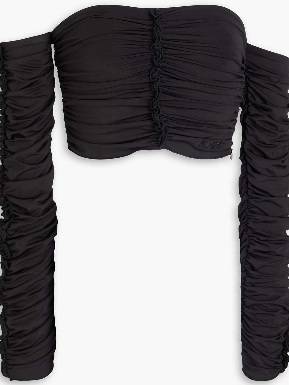 off-the-shoulder cropped ruched jersey top