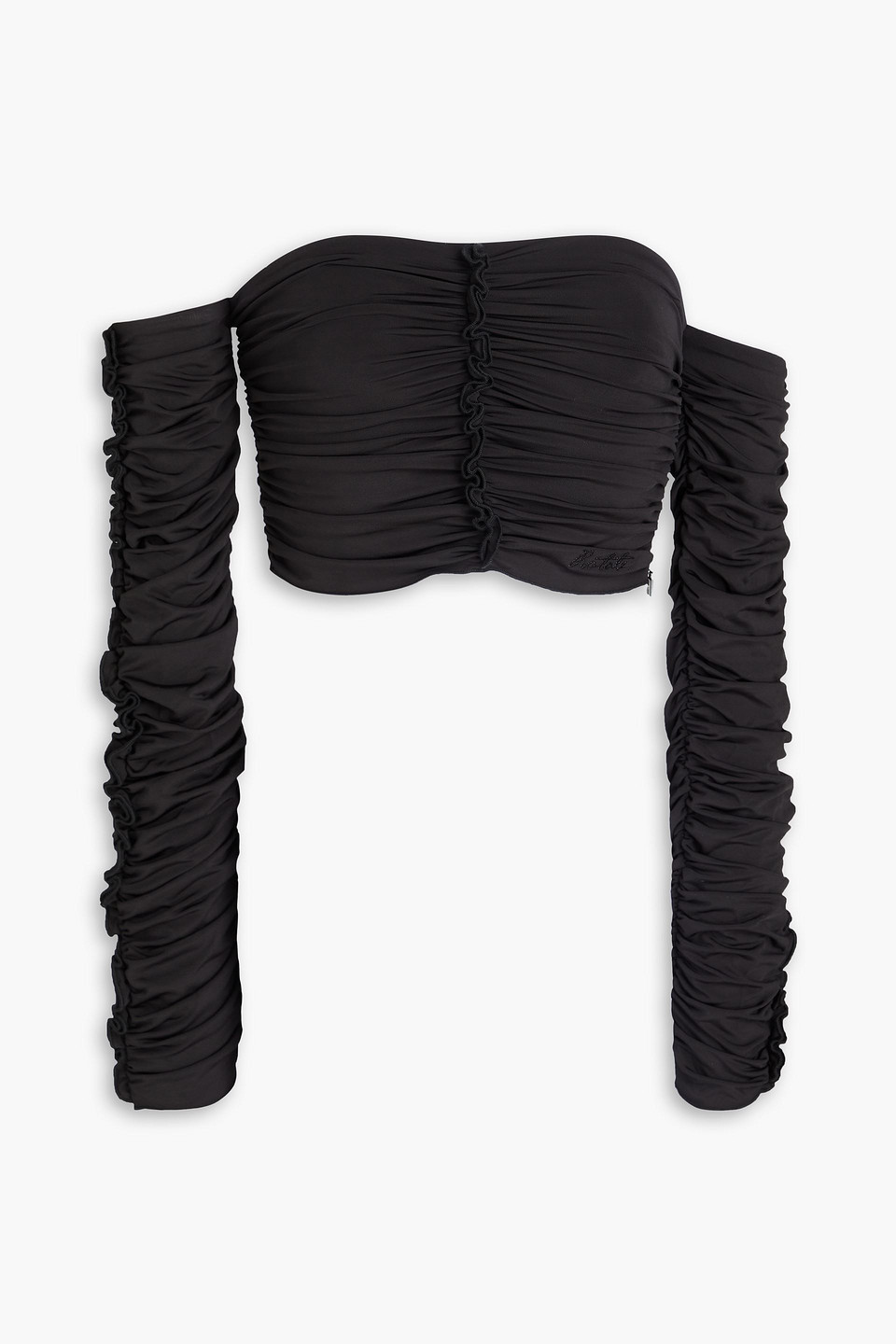 Rotate Birger Christensen Rotate Ruched Off Shoulder Cropped Top In Black