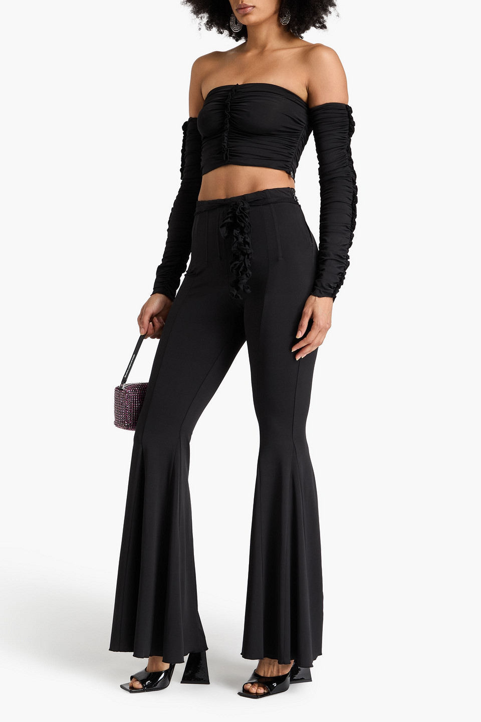 Rotate Birger Christensen Rotate Ruched Off Shoulder Cropped Top In Black