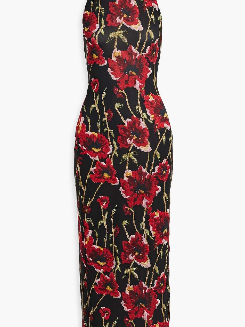 open-back floral-print stretch-jersey halterneck gown