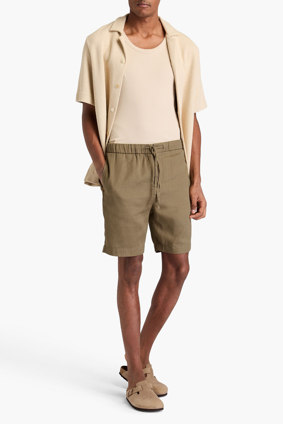 Frescobol Carioca Filipe Linen And Cotton-blend Twill Drawstring Shorts In Army Green