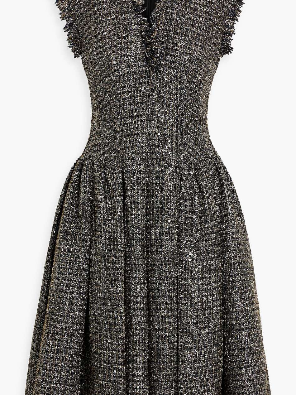 madame pleated embellished metallic tweed dress