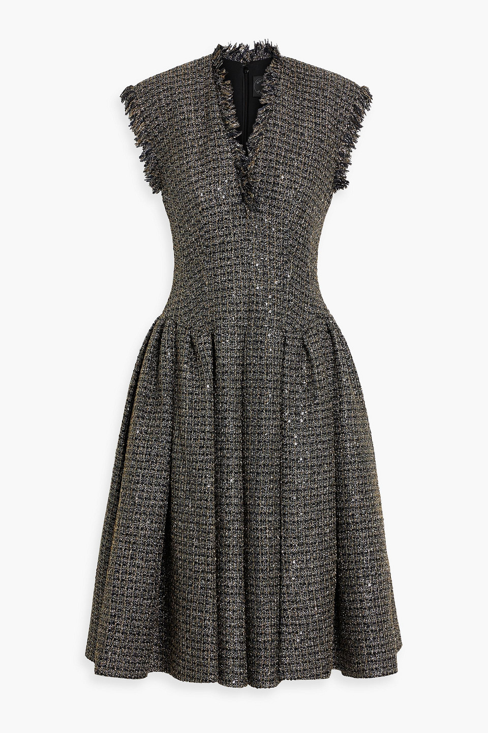Huishan Zhang Madame Pleated Embellished Metallic Tweed Dress In Black