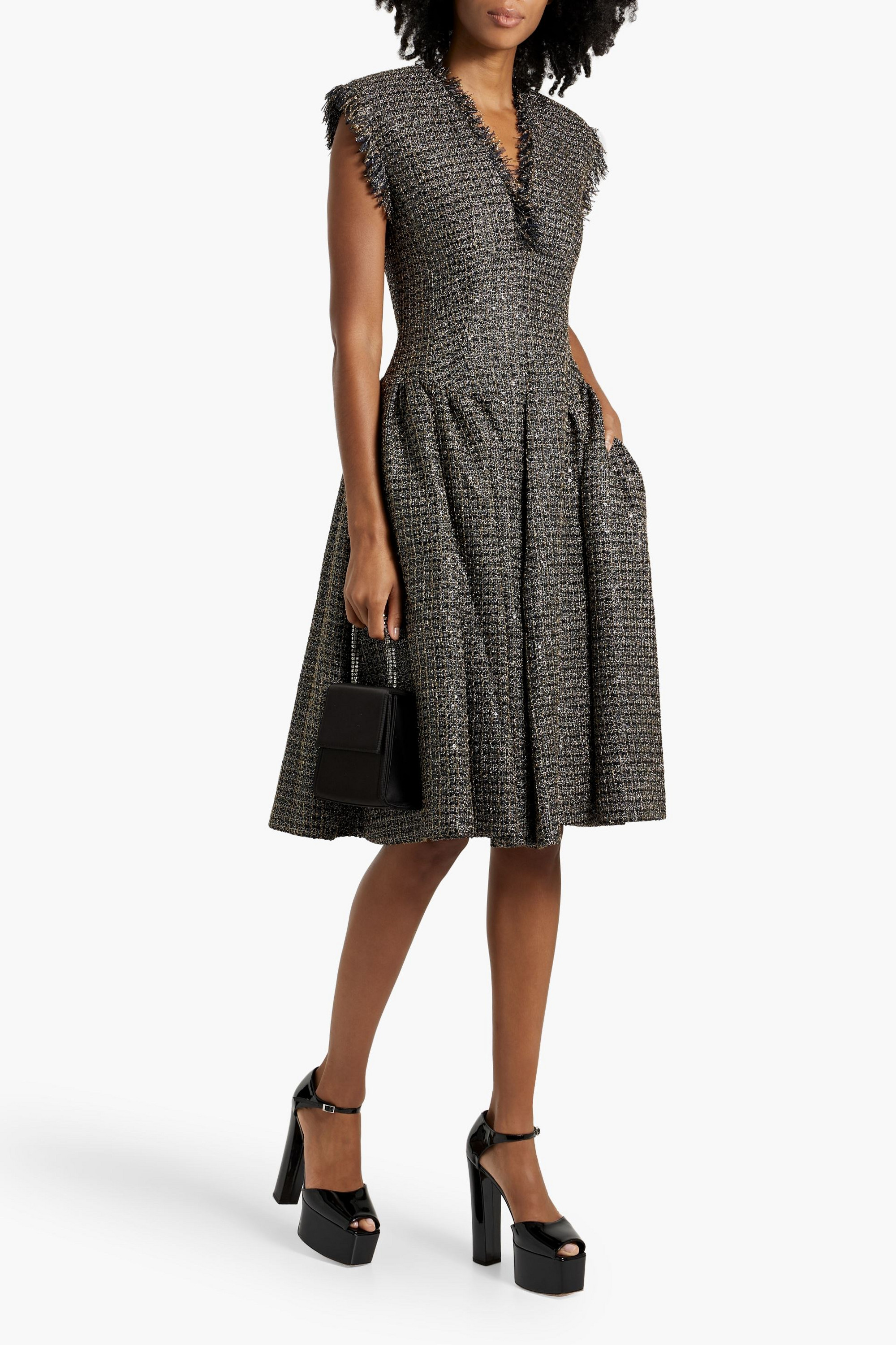 Huishan Zhang Madame pleated embellished metallic tweed dress