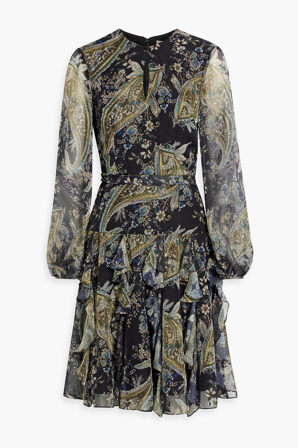Mikael Aghal Ruffled Printed Chiffon Dress In Black