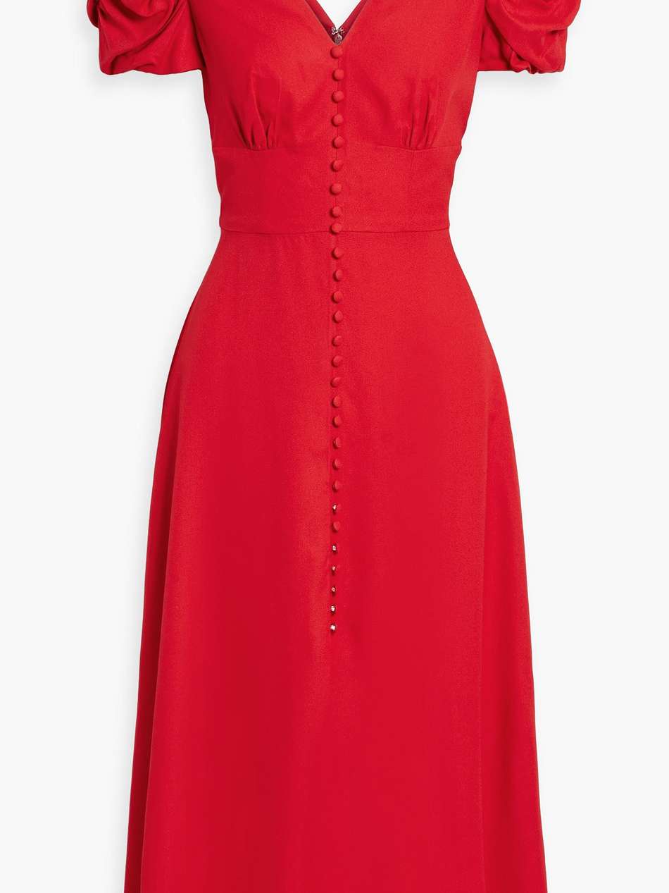 margot ruched crepe midi dress