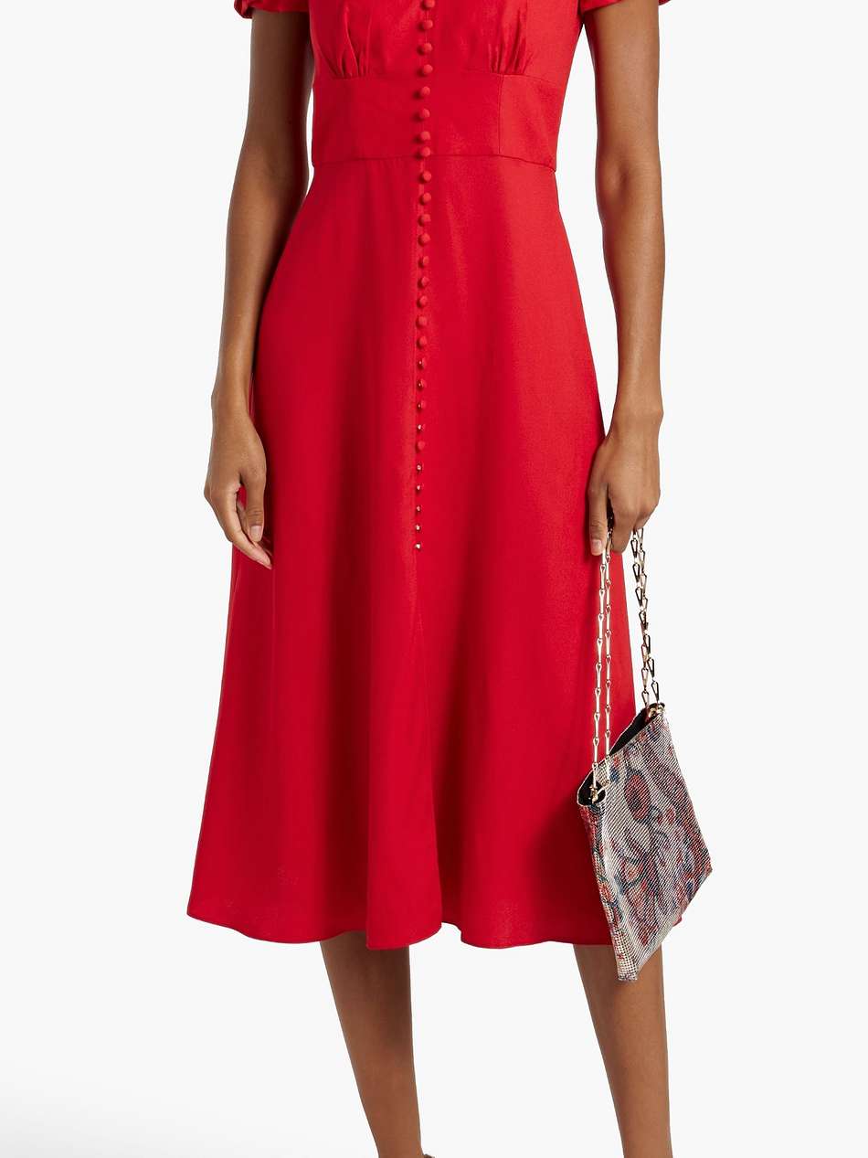 margot ruched crepe midi dress