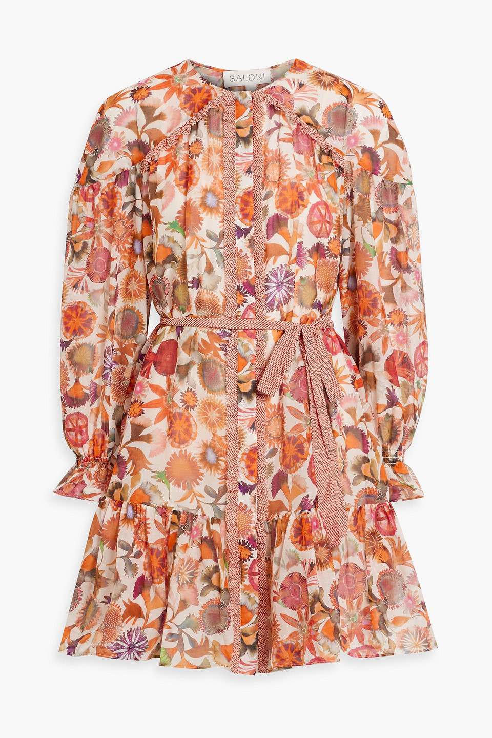 Saloni Pixie Floral-print Cotton And Silk-blend Voile Mini Dress In Orange