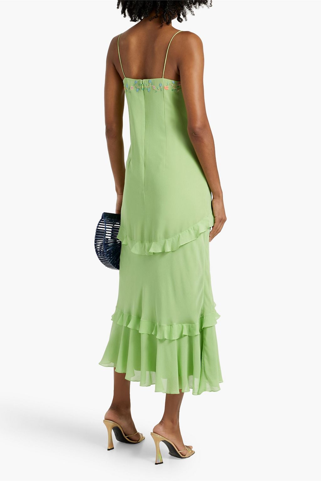 SALONI Divina embroidered silk crepe de chine midi dress