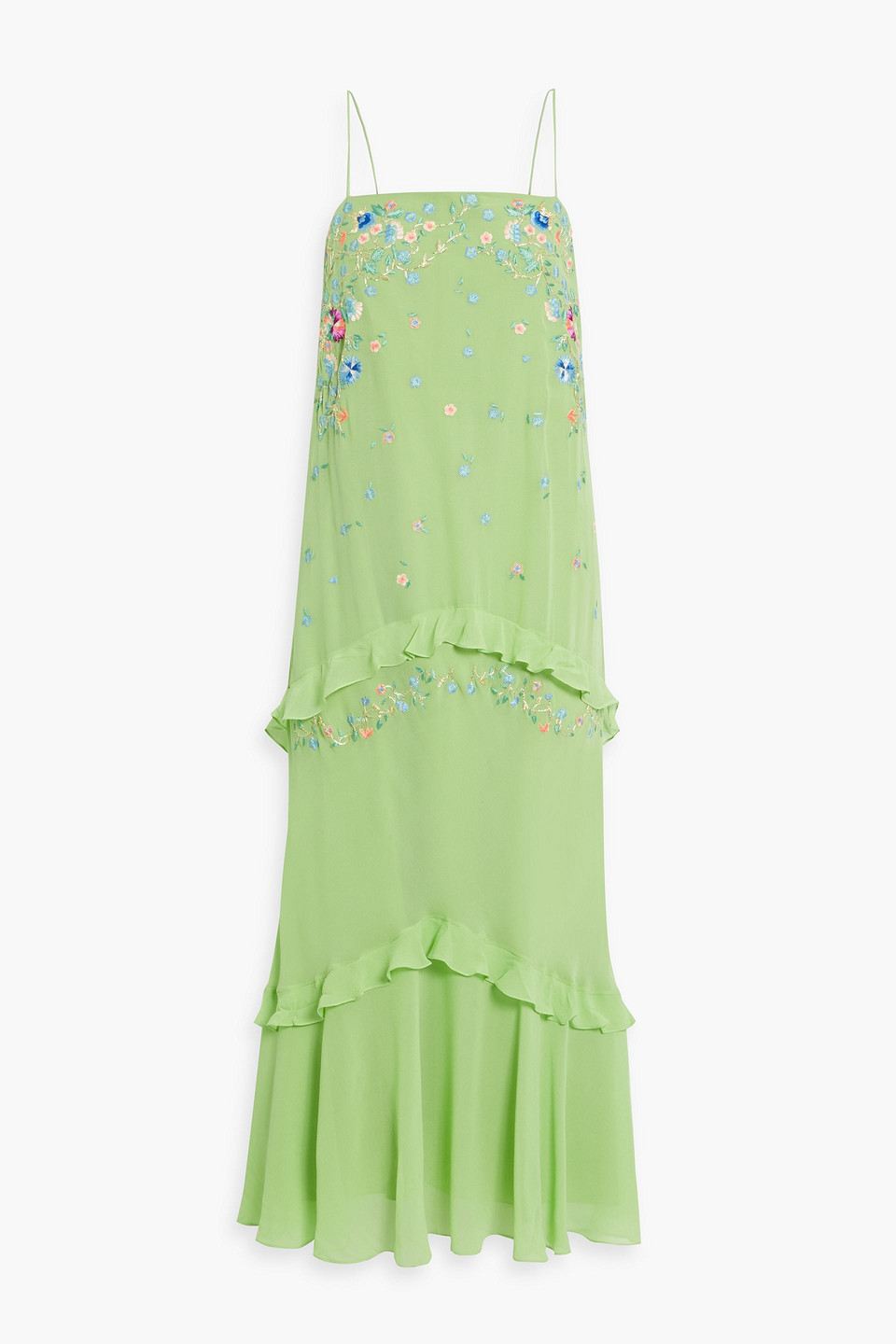 Saloni Divina Embroidered Silk Crepe De Chine Midi Dress In Light Green