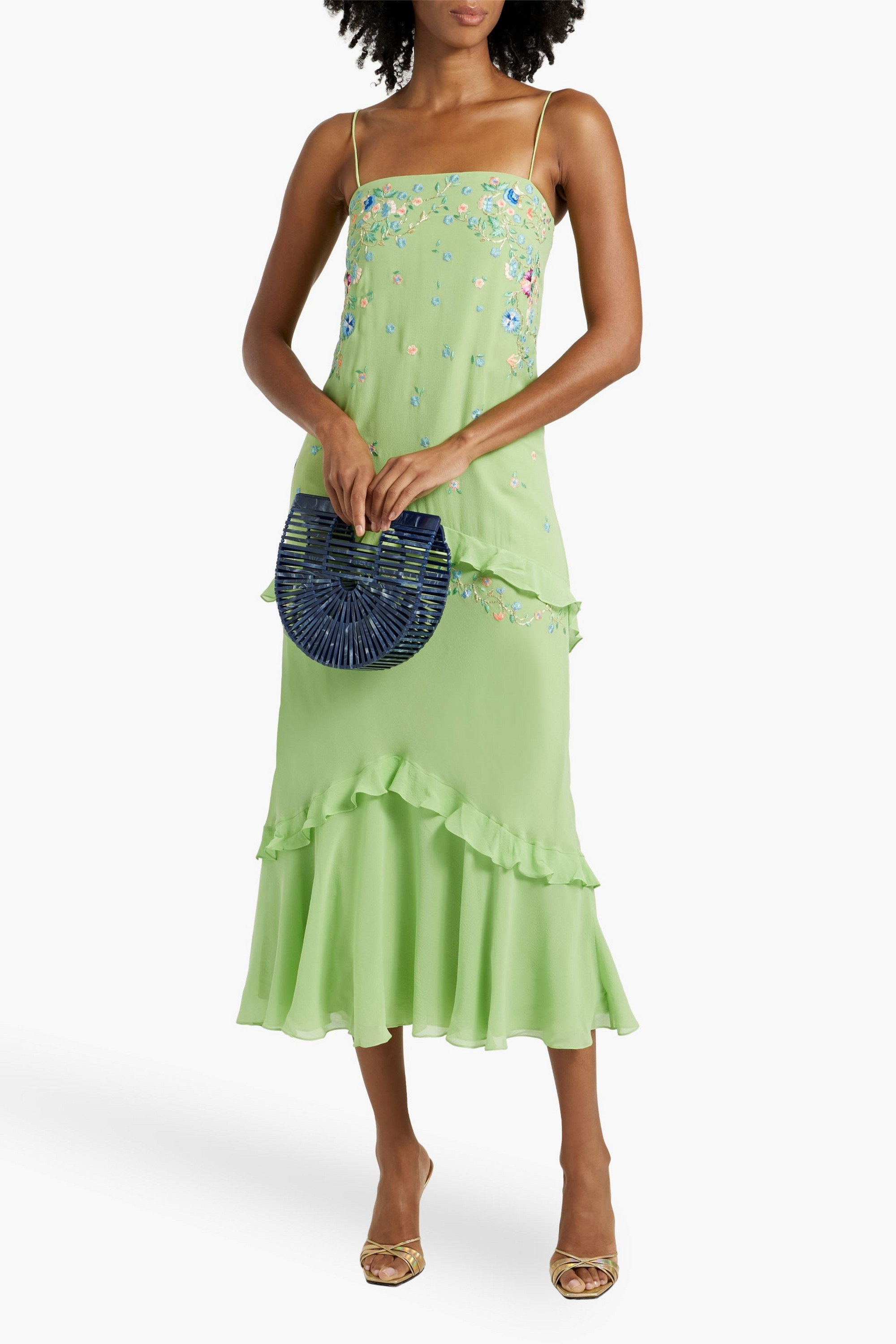 Saloni Divina embroidered silk crepe de chine midi dress
