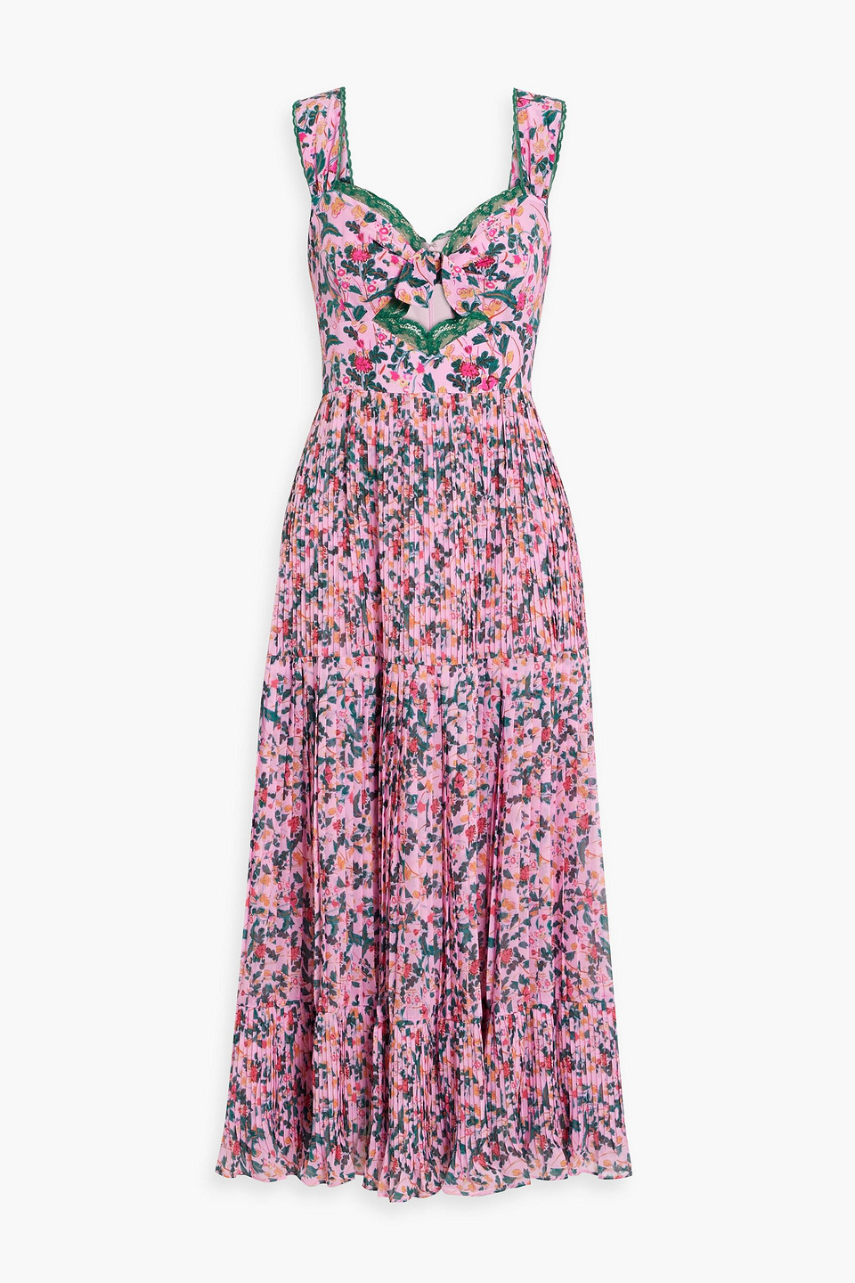 Saloni Linadres Lace-trimmed Pleated Silk-georgette Midi Dress In Pink