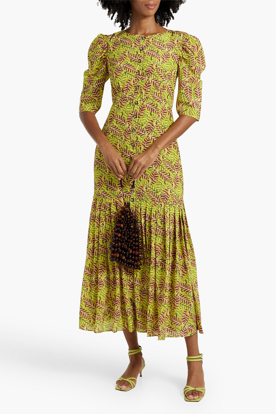 Saloni Colette Pleated Printed Silk Crepe De Chine Midi Dress In Chartreuse