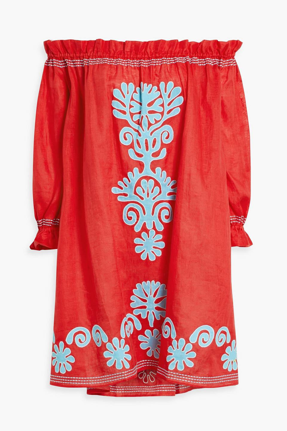 Saloni Gaby Off-the-shoulder Appliquéd Linen Mini Dress In Red