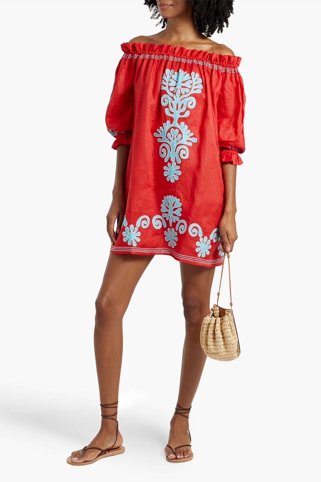 SALONI Gaby off-the-shoulder appliquéd linen mini dress