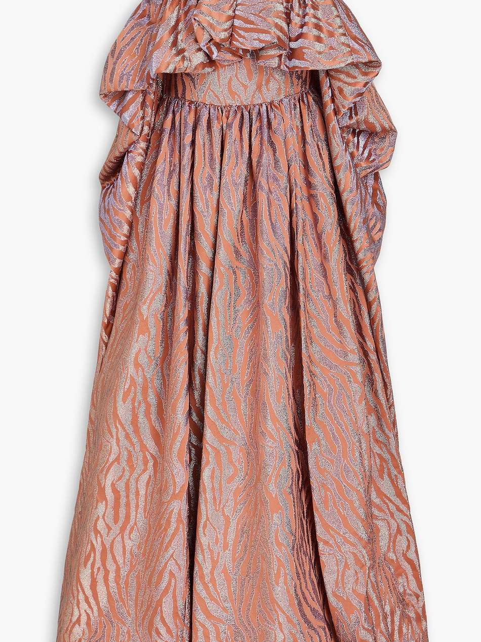 amyris ruffled metallic satin-jacquard gown