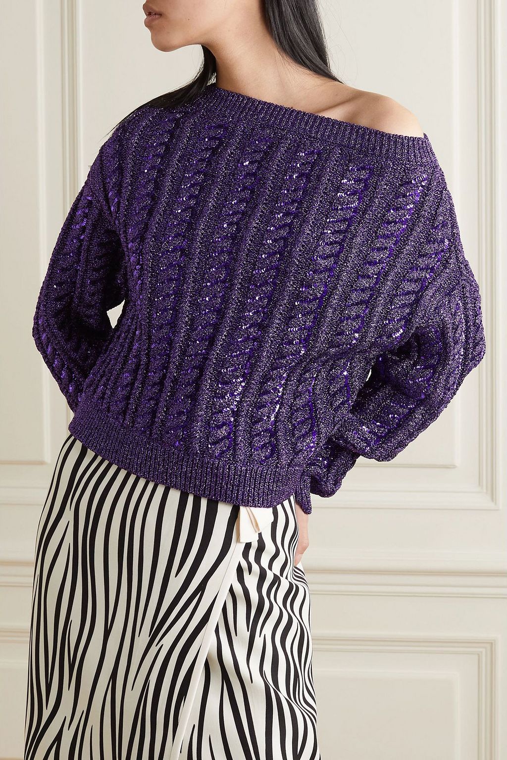 VALENTINO GARAVANI Off-the-shoulder sequined metallic knitted sweater