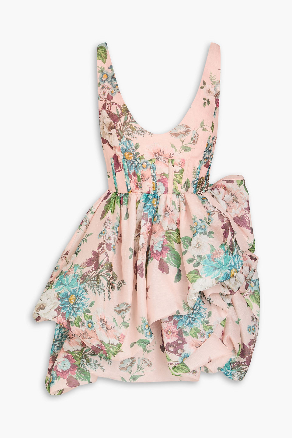 Zimmermann Ruffled Floral-print Linen And Silk-blend Shantung Mini Dress In Multi