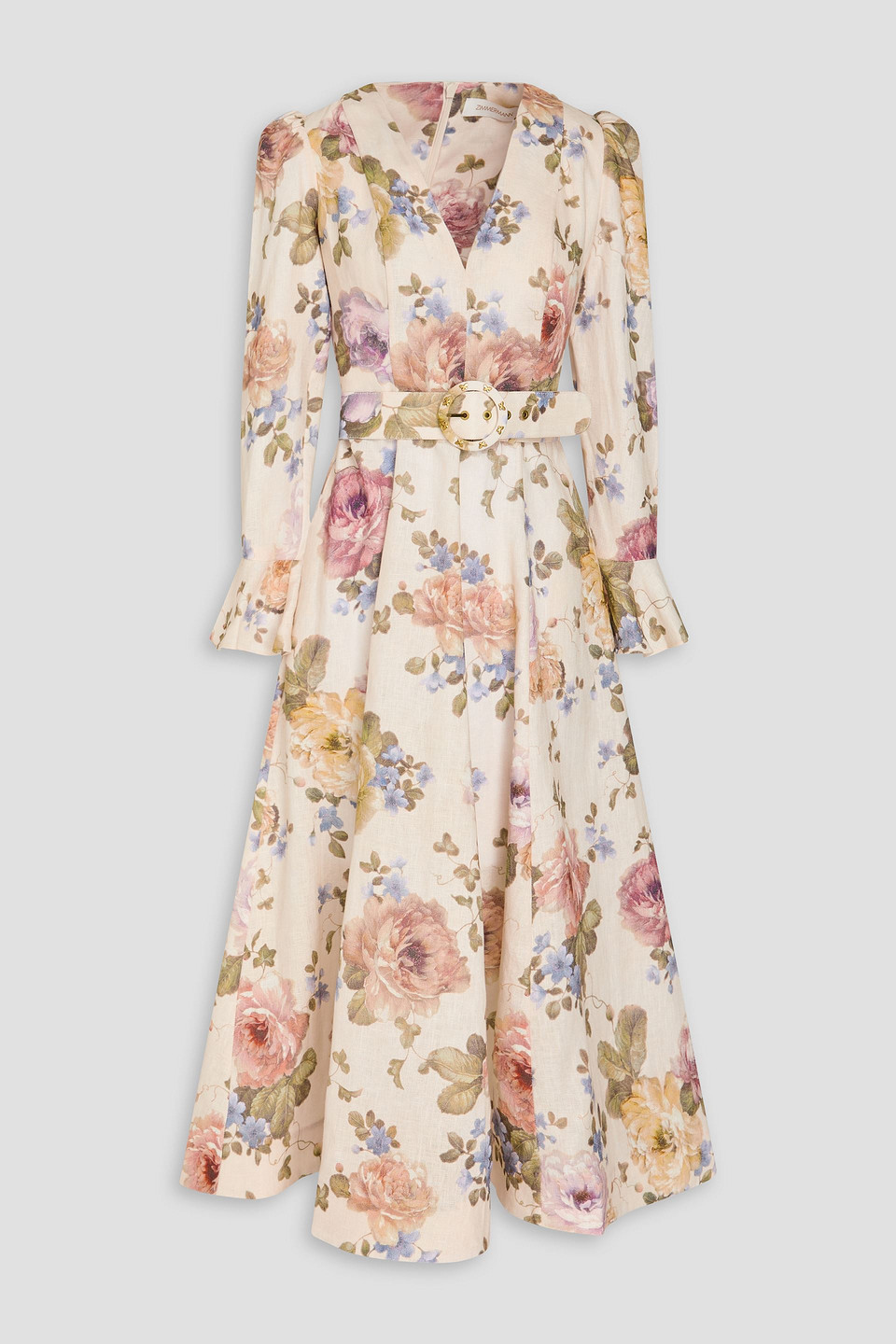 Zimmermann Belted Floral-print Linen Midi Dress In White