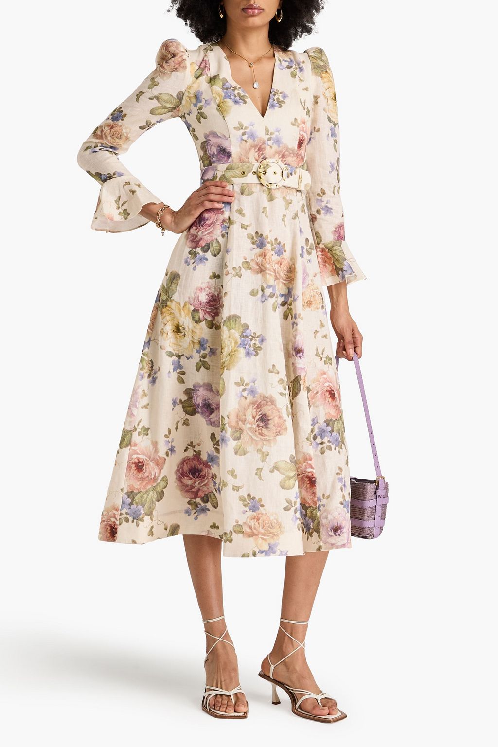 ZIMMERMANN Belted floral-print linen midi dress