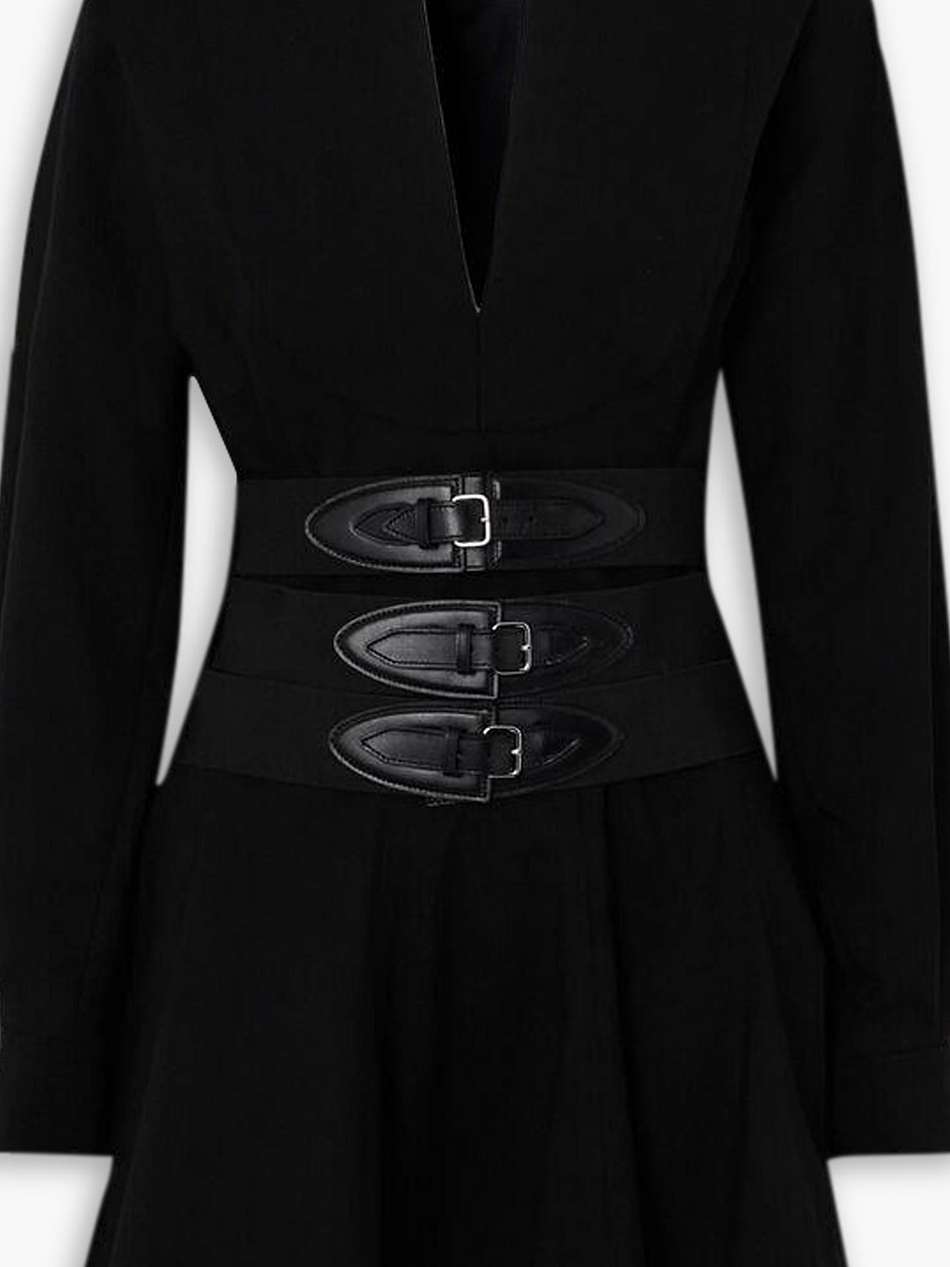 belted leather-trimmed stretch-wool mini dress