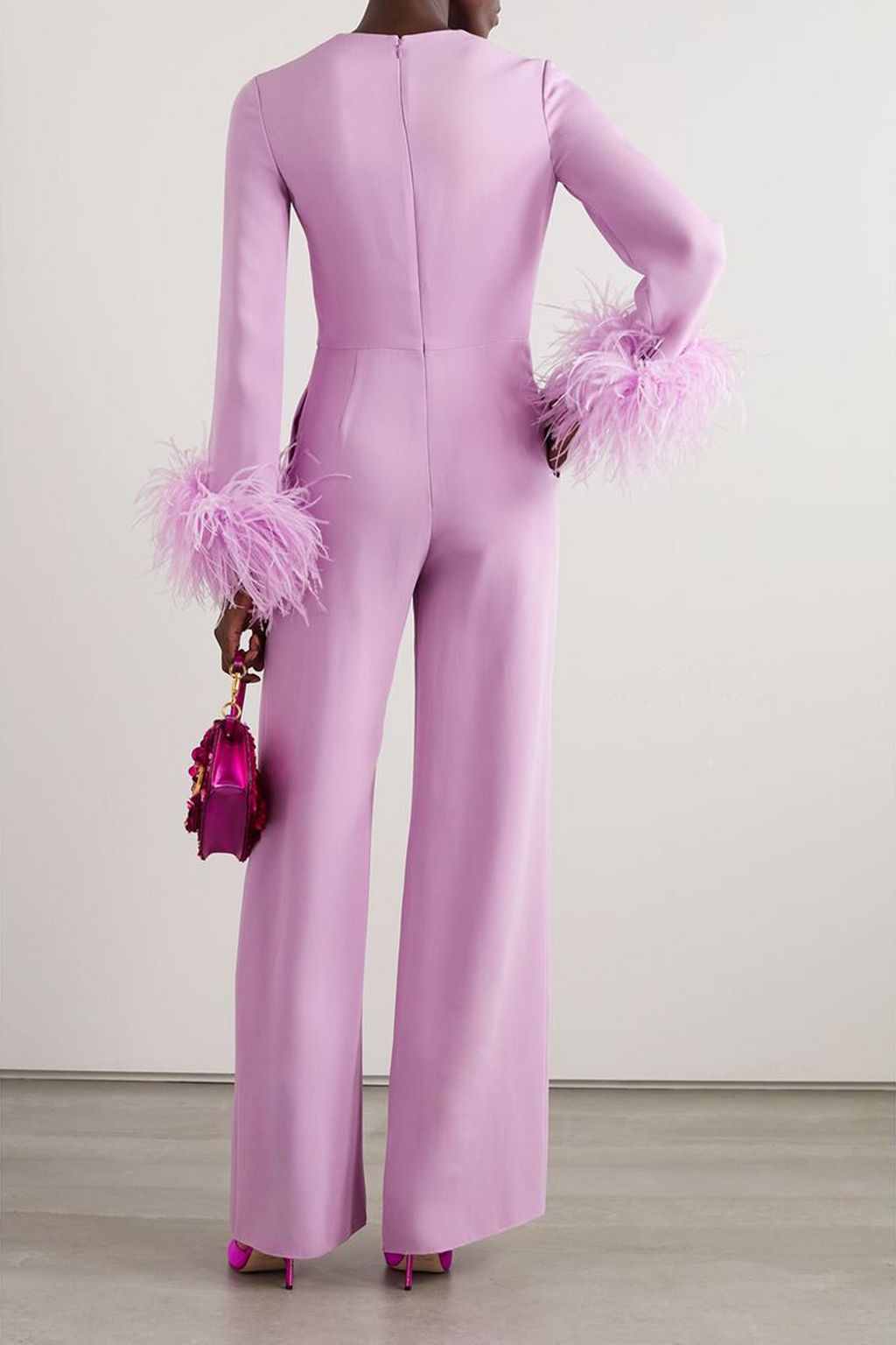 VALENTINO GARAVANI Feather-trimmed silk-cady jumpsuit