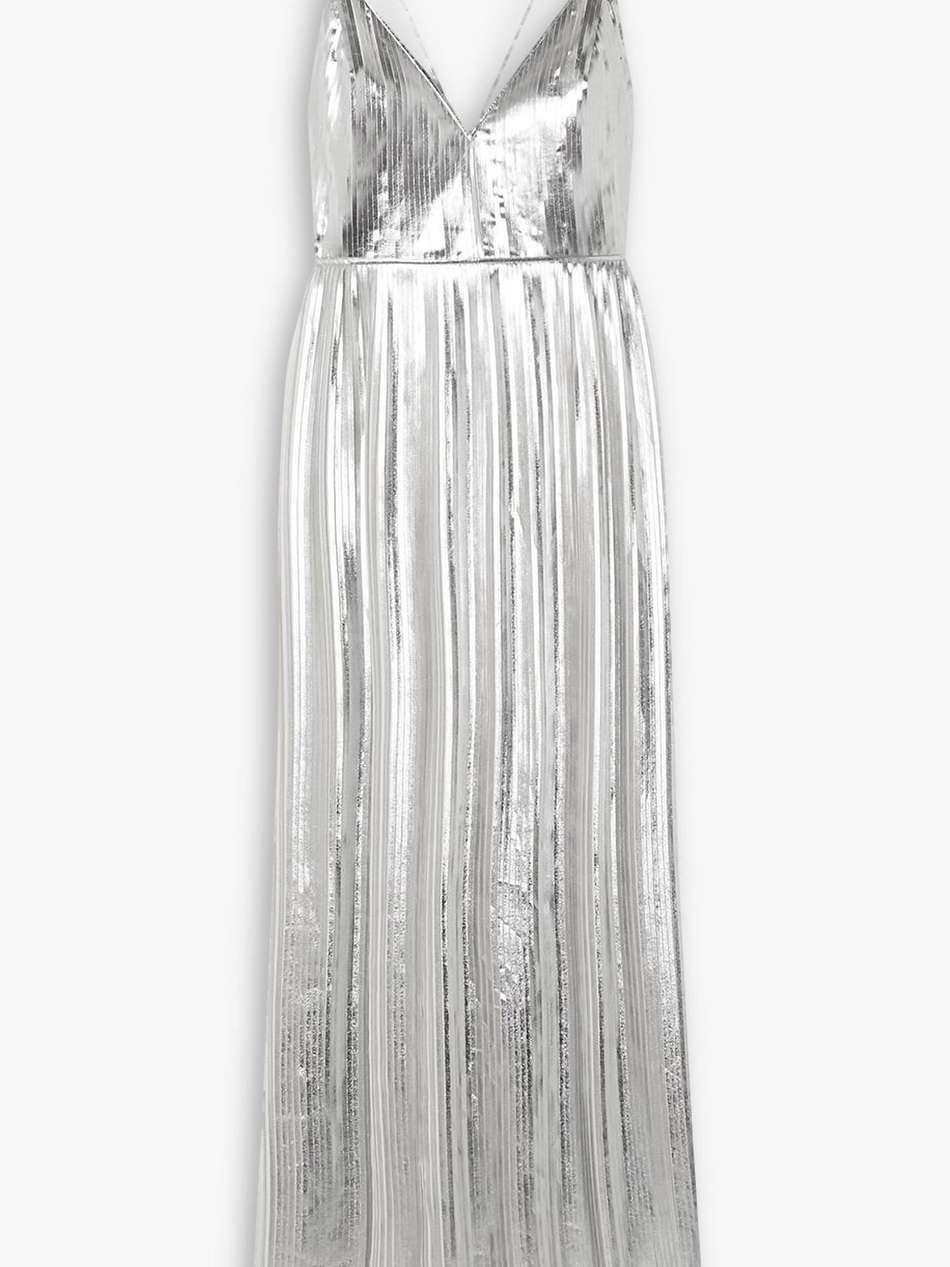 pleated metallic coated-chiffon gown