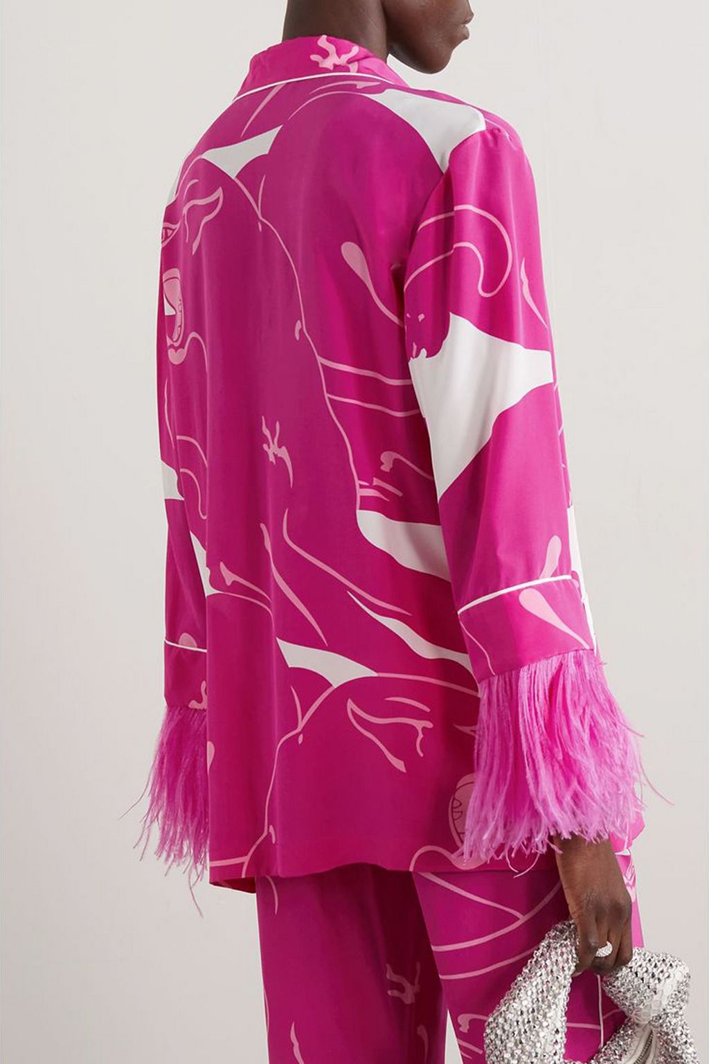 VALENTINO GARAVANI Feather-trimmed printed silk crepe de chine shirt