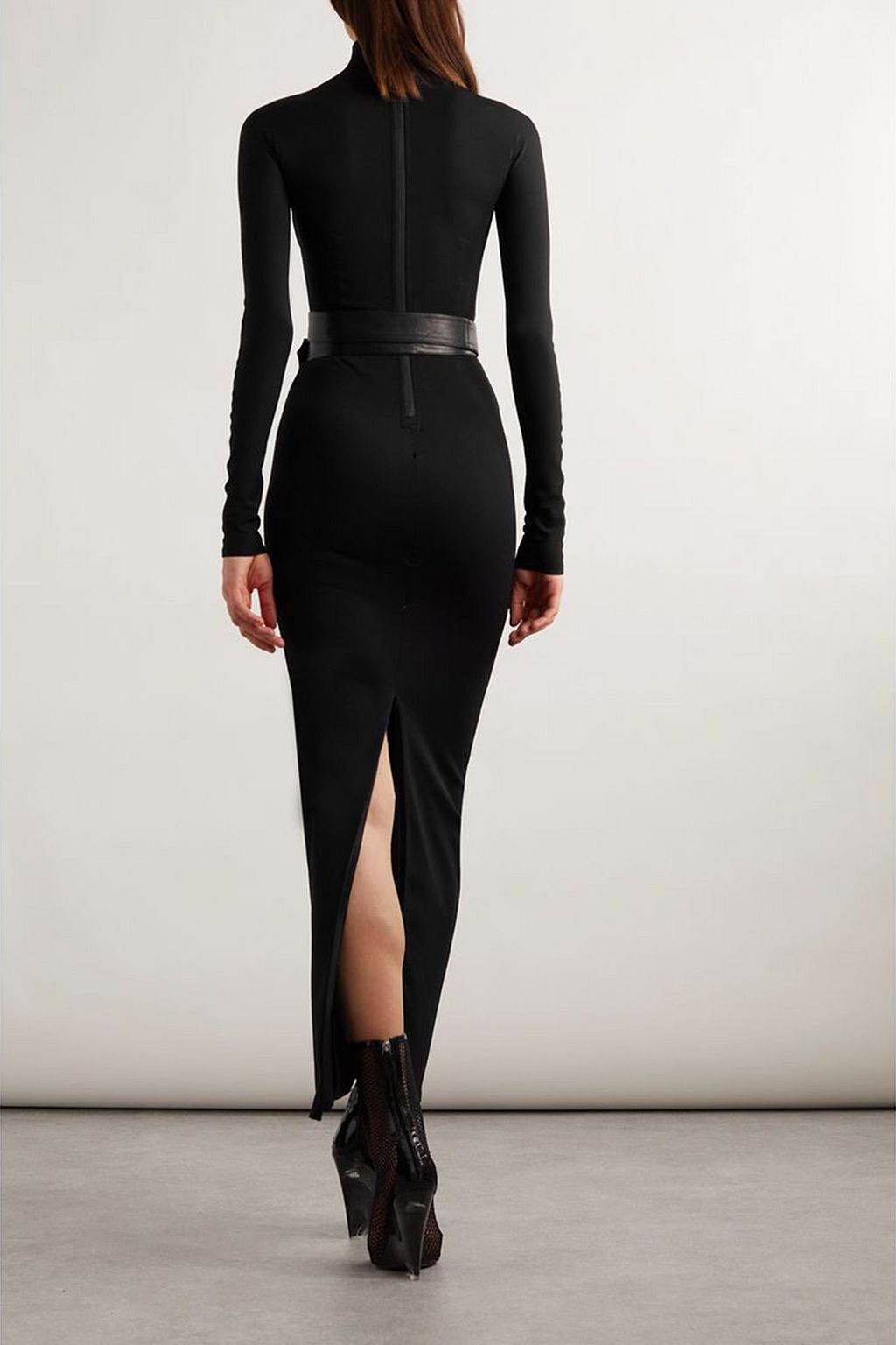 ALAÏA Belted leather-trimmed stretch-jersey turtleneck maxi dress