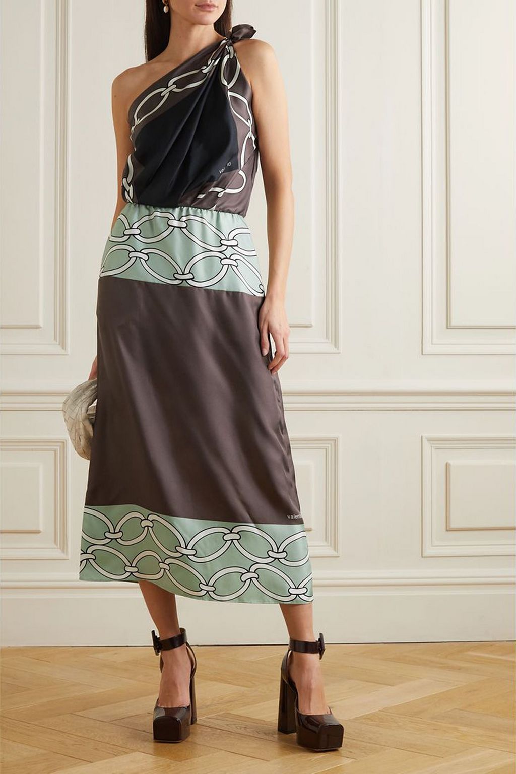 VALENTINO GARAVANI One-shoulder printed silk-twill midi dress
