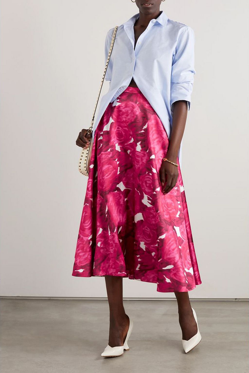 VALENTINO GARAVANI Floral-print duchesse-satin midi skirt
