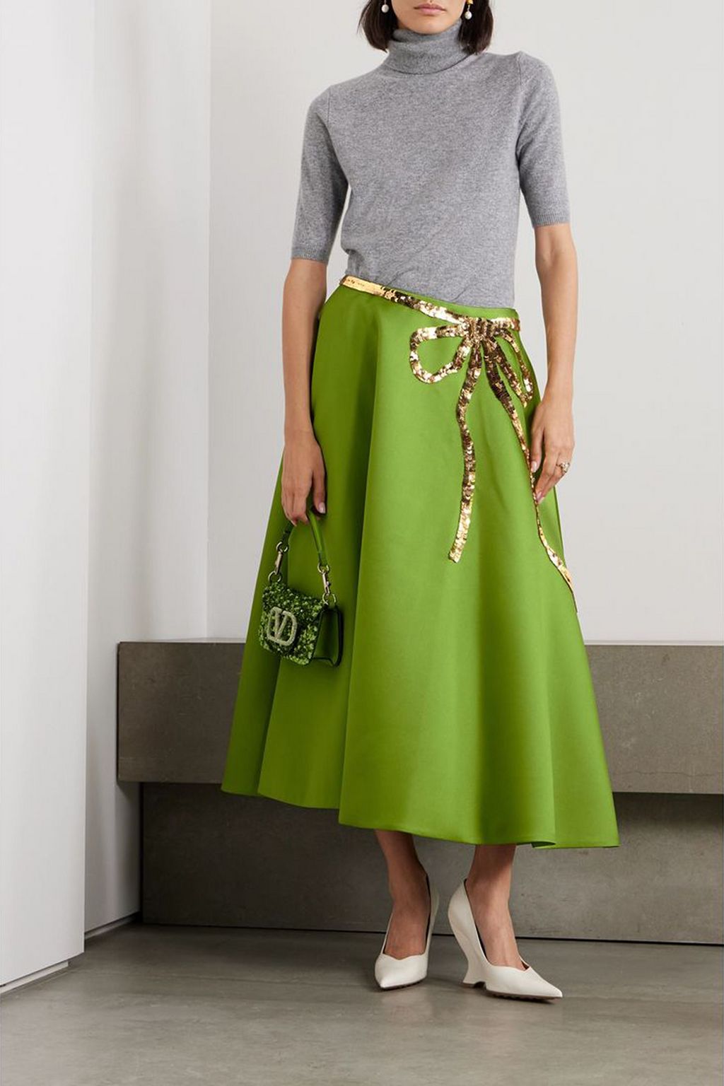 VALENTINO GARAVANI Sequin-embellished duchesse-satin midi skirt